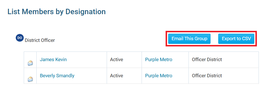 Click options to Email or Export the list of members