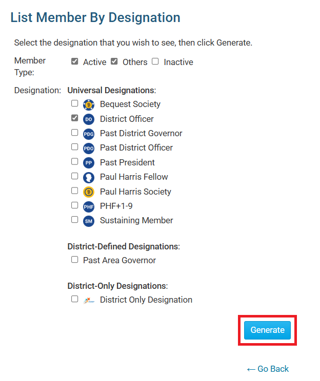 Select checkboxes and click Generate