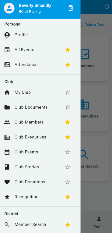 Tap a menu option to open that page