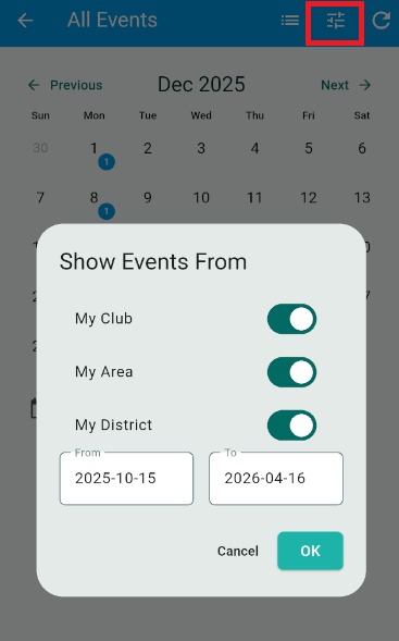 Tap the filter icon at the top of the screen to narrow displayed events