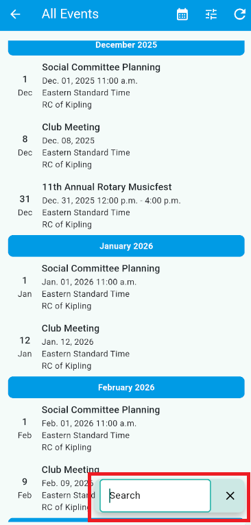 Tap the Search button to search for events