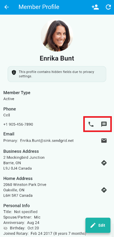Tap the phone or chat bubble icon to contact the member