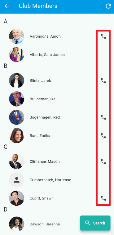 The phone icon indicates a phone number listed