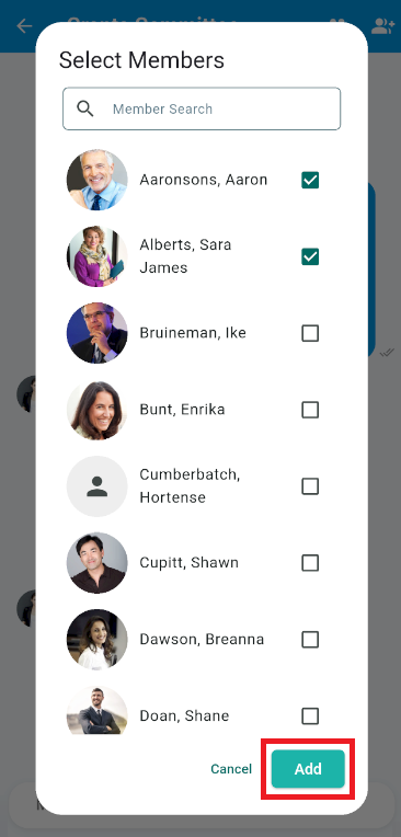 Tap the toggles to select members and then tap Add