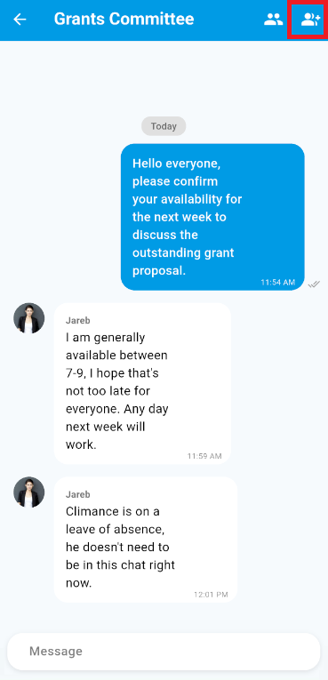 Tap the members plus icon in the top right-hand corner