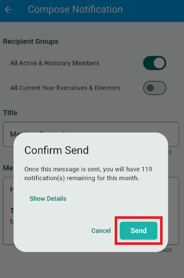 Tap the send button to confirm