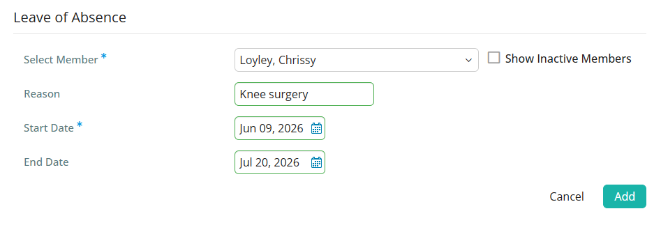 Select the date range for the leave and click Add