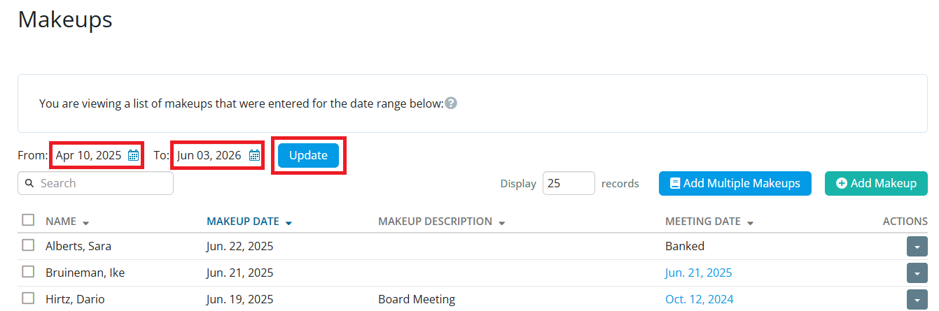 Click the dates to change which makeups are displayed