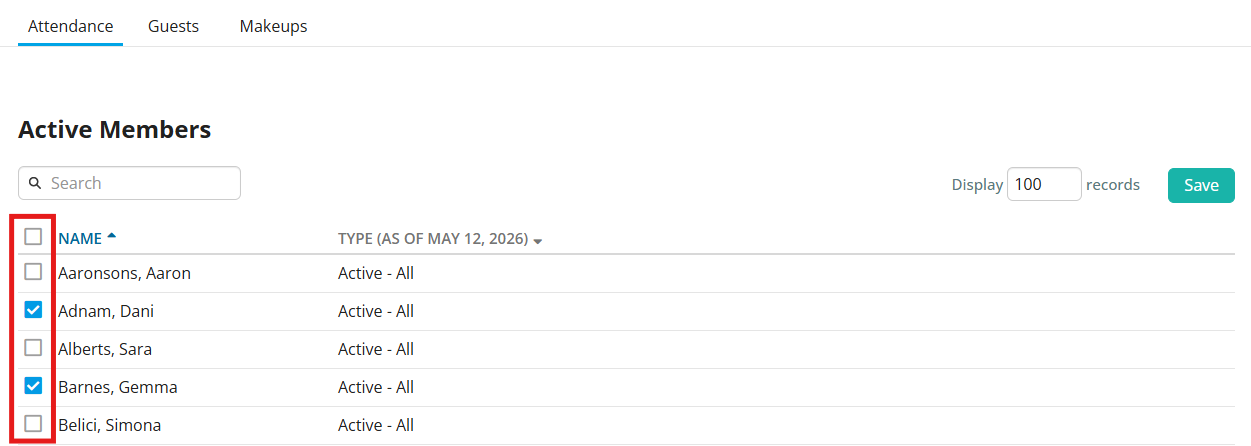 Use the checkboxes to track attendance