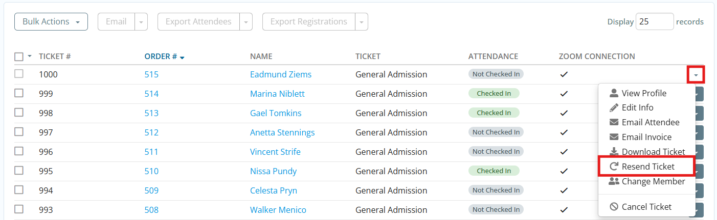 Click the drop-down arrow and then Resend Ticket