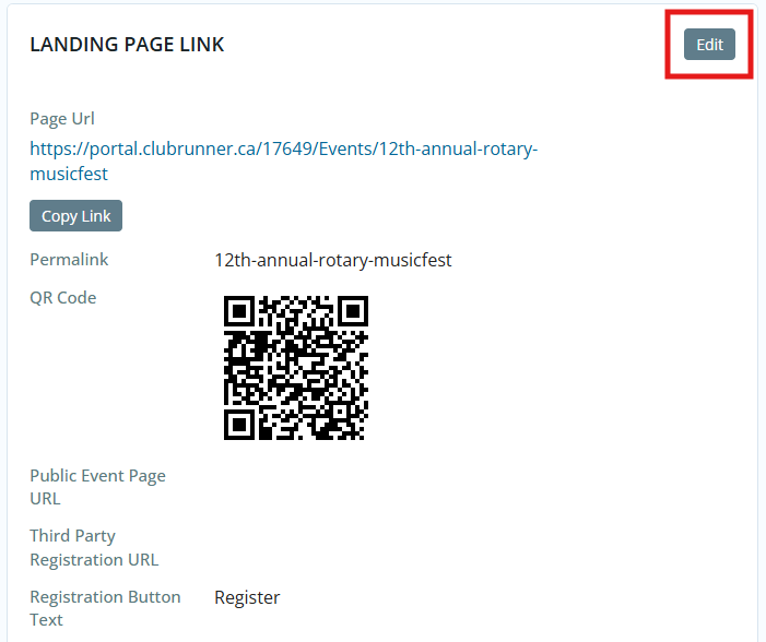 Click the Edit button in the Landing Page Link section