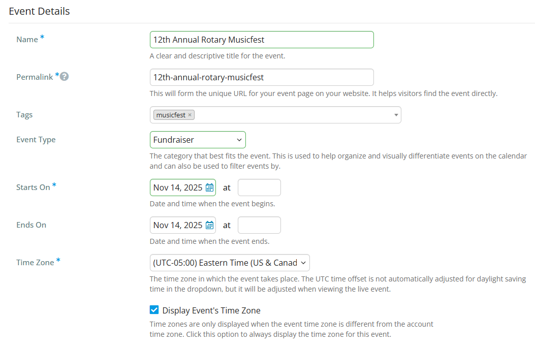 Enter the event details into the respective fields