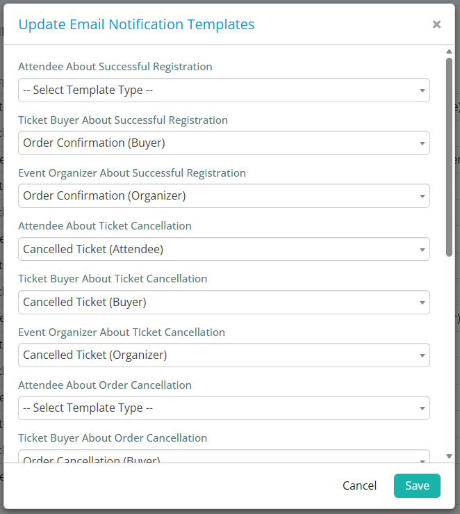 Select the template to be used for each notification type
