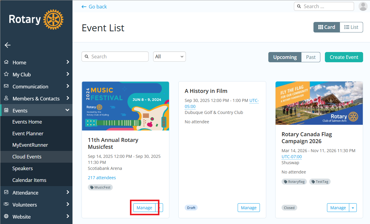 Click Manage on the event