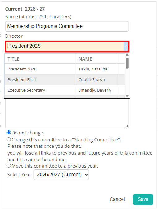 Select the new chair using the Director drop-down menu