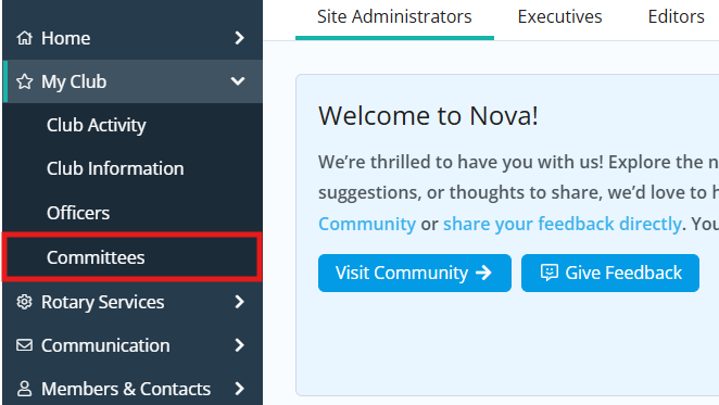 Click the arrow next to My Club then click Committees