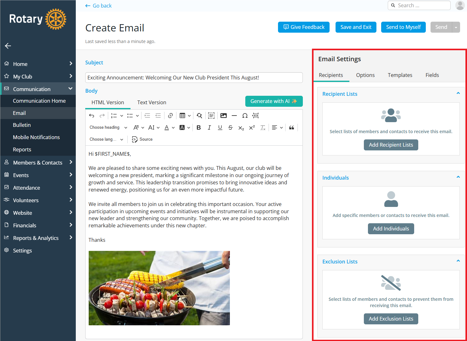 Right-hand side of the Create Email page