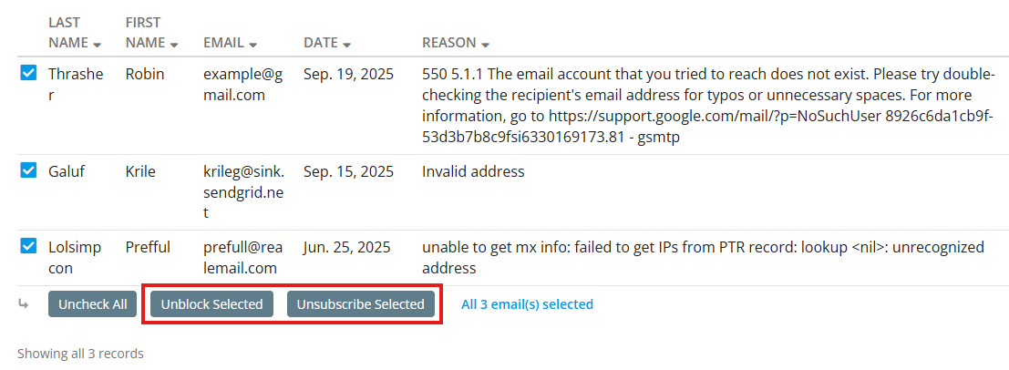 Unblock or Unsubscribe selected emails