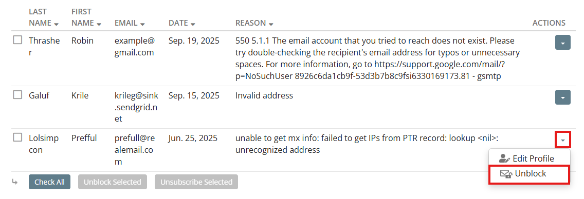Click the drop-down menu and then Unblock