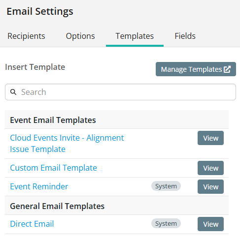 Template options for event emails