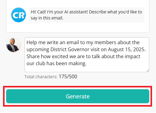 Example of generation prompt, click Generate to see AI assistance