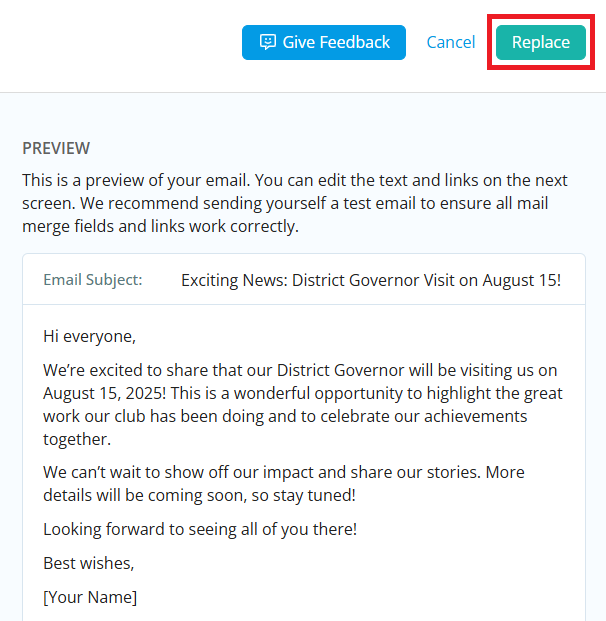Click Replace to add the content to your email