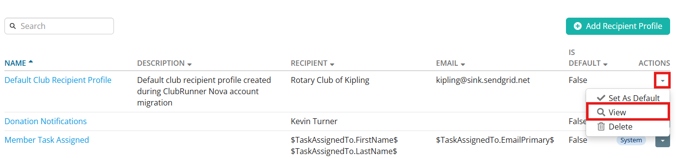 Click drop-down and View to edit a profile, or click Add Recipient Profile