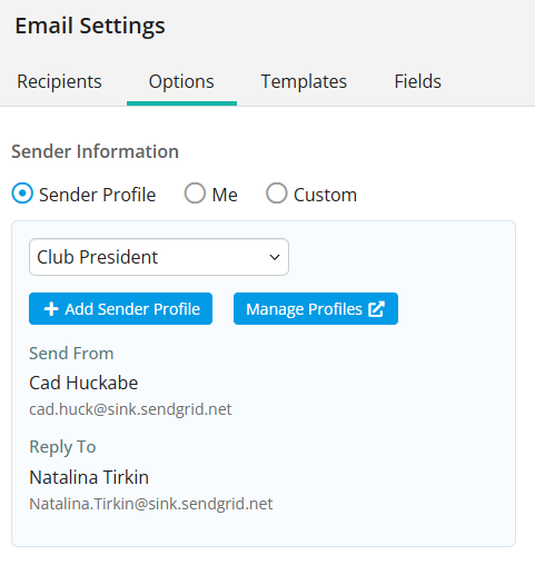 Sender profile selected when composing an email