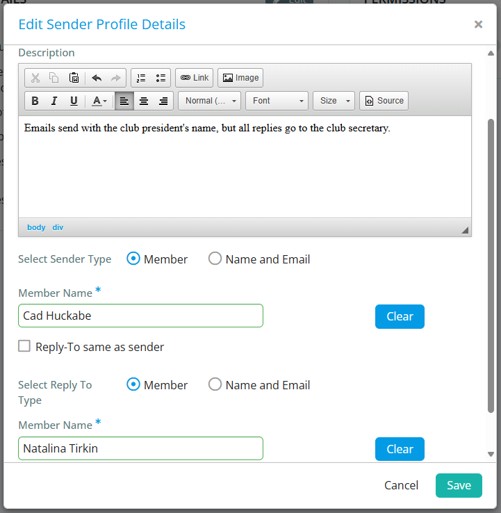 Example of sender profile settings