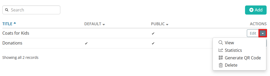 Use the drop-down arrow to view available actions for this donation campaign