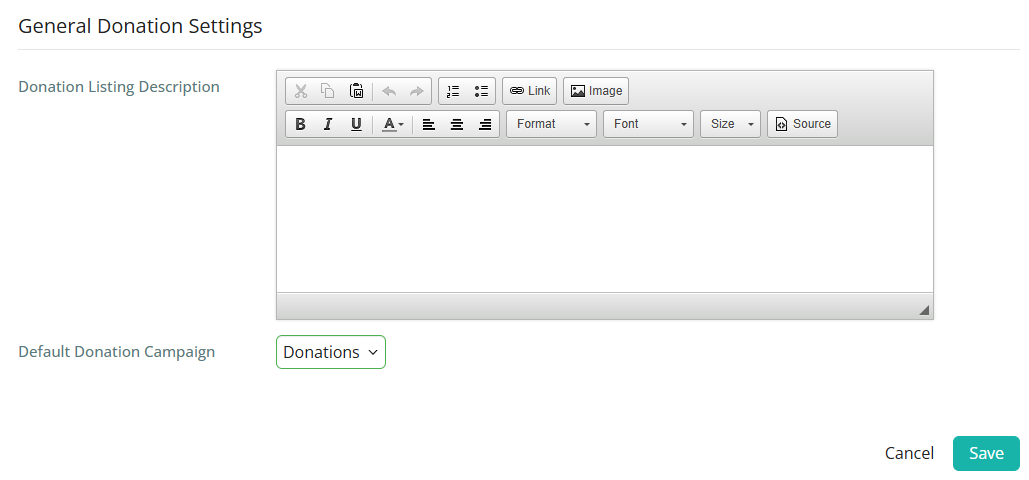 Enter the donation listing description and choose the default campaign