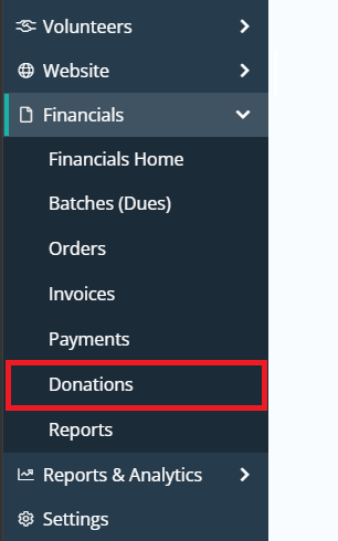 Click the arrow next to Financials, then click Donations