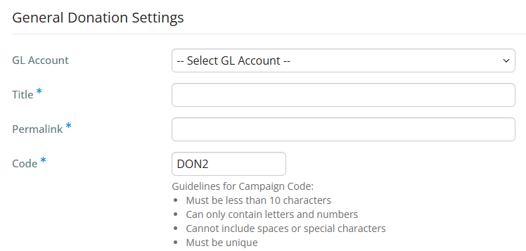 Enter the preliminary settings for the donation campaign