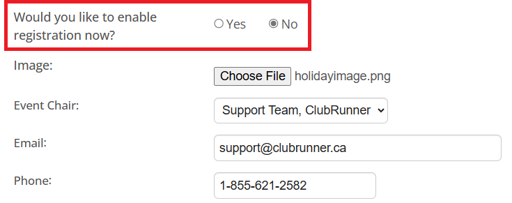 Enable registrations for the event