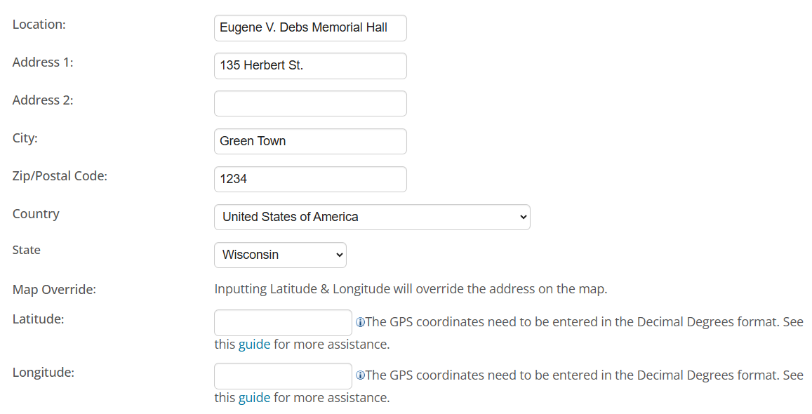 Enter event location information