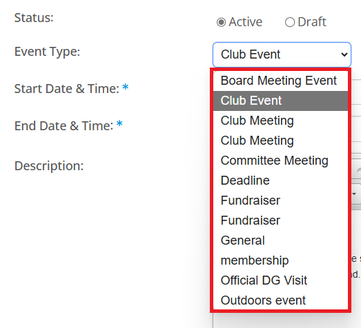 Select Event Status and Type from the drop-down