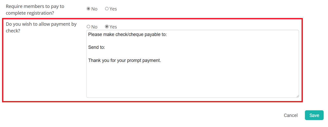 Toggle payment by check and enter details