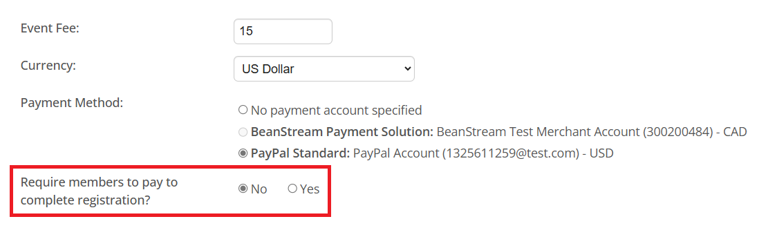 Toggle whether payment is required to register