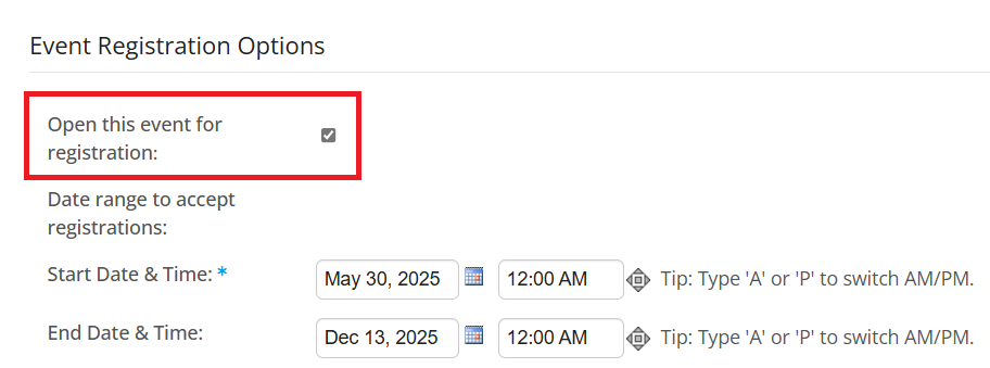 Toggle open registrations for the event