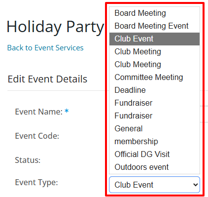 Set event type