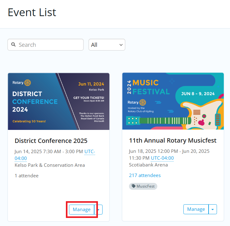 Click Manage to open event