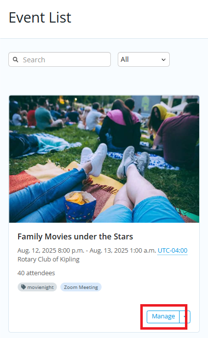 Click Manage on chosen event