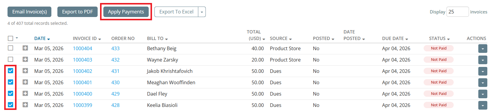 Select the checkboxes for the invoices you wish to edit, then click Apply Payments