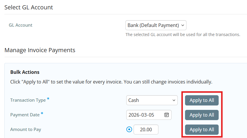 Enter information for bulk actions and click Apply to All