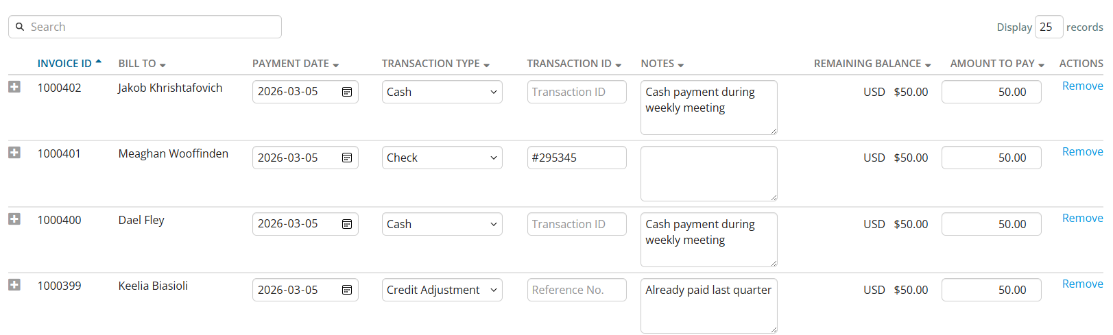 Enter or edit payment information for all invoices