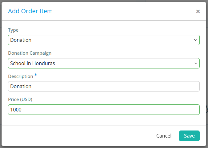 Enter the details for the specific donation campaign to the order item