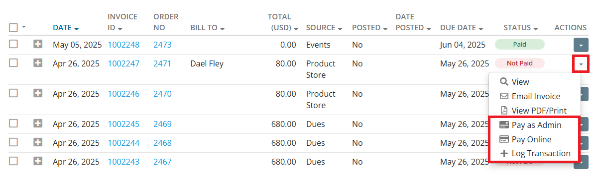 Click drop-down arrow for invoice action options