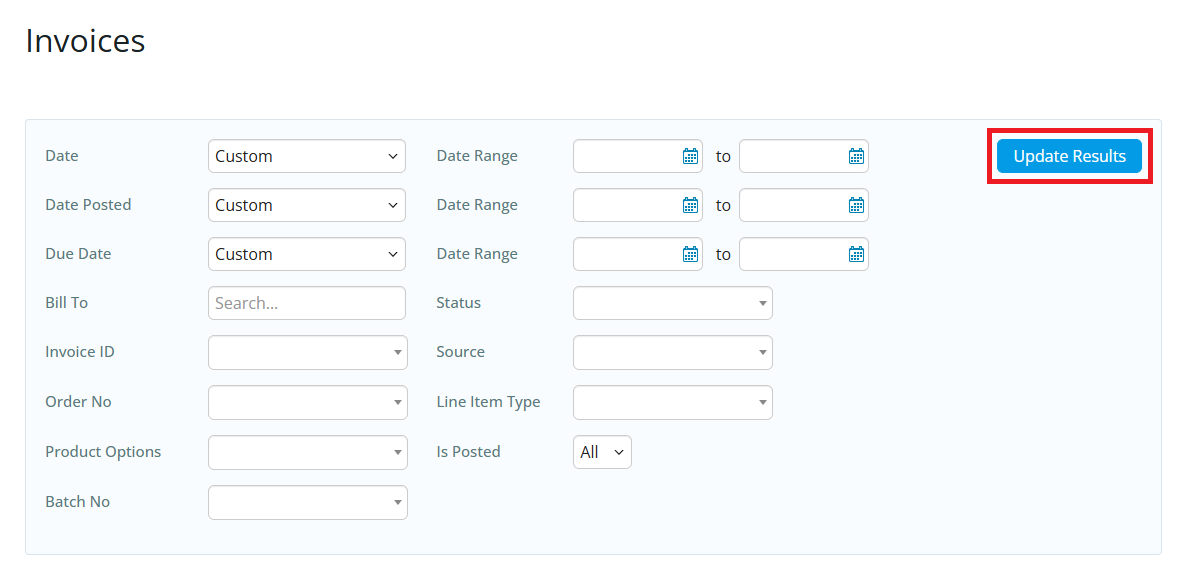 Use filters to narrow search results for invoices