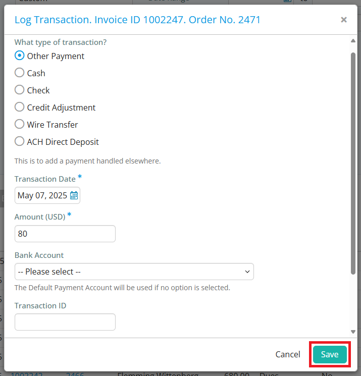 Log a processed transaction for an invoice payment