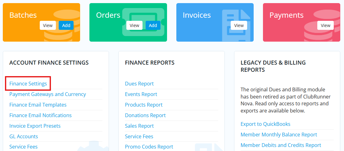 Click Finance Settings in the Account Finance Settings section